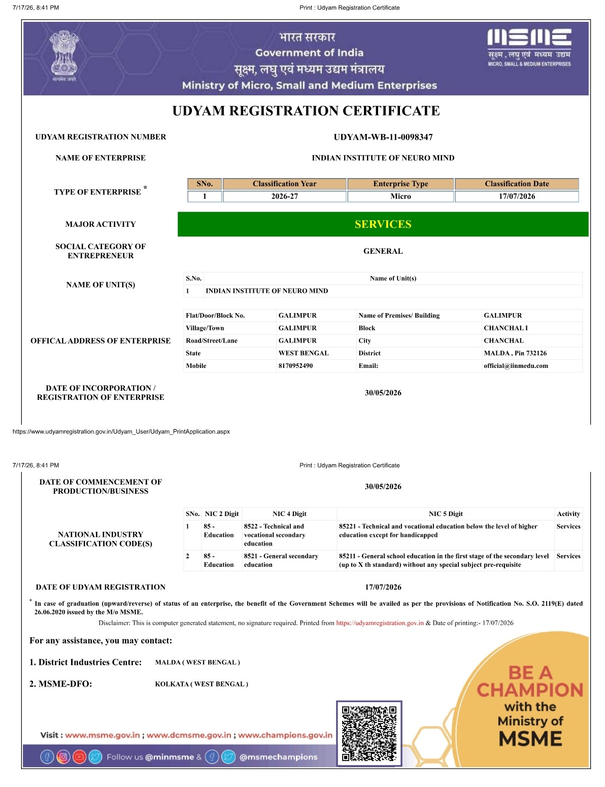 MSME Udyam Registration Certificate